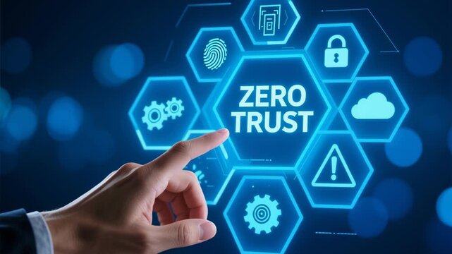 Zero trust security cloud data protection network system vpn connection technology smart business ai finger pressing hexagon icon signaling secure access modern cybersecurity solution zero trust