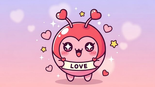 Playful devil-themed heart creature with fangs and love banner in a whimsical romantic illustration with stars and floating hearts