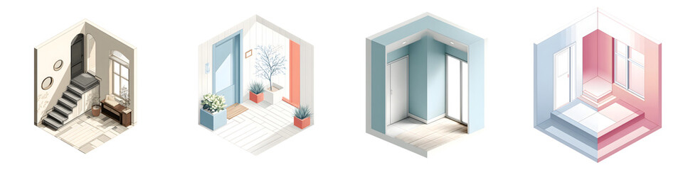 Fototapeta premium Isometric Interior Design Concept: 3D Room Illustrations in Pastel Colors, Minimalist Style