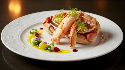 Exquisite Crab Dish with Gourmet Garnishes on a White Plate, Ready for Dining