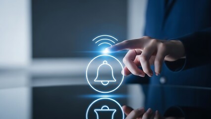 Person interacting with digital bell icon representing notification alert