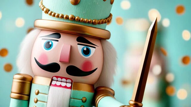 Nutcracker soldier figurine with sword against festive background  