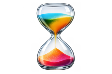 Hourglass with flowing rainbow sand, representing time passing, deadline, countdown, and timing concepts on transparent background