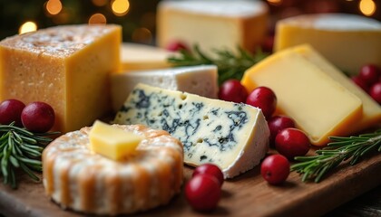 Assortment of festive cheeses arranged on wooden board with cranberries, rosemary sprigs. Selection includes blue cheese, hard cheese perfect for holiday parties, gatherings. Enjoy gourmet experience