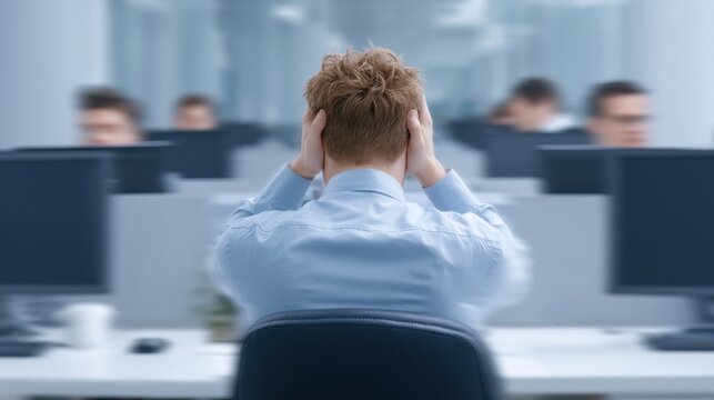 Employee Overwhelmed by Stress and Frustration in a Modern Office Environment with Blurry Colleagues in Background