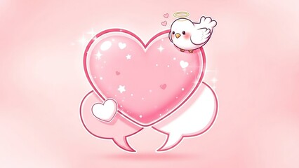 Cute cartoon bird perched on a fluffy heart-shaped cloud with floating love hearts and sparkles in soft pink tones