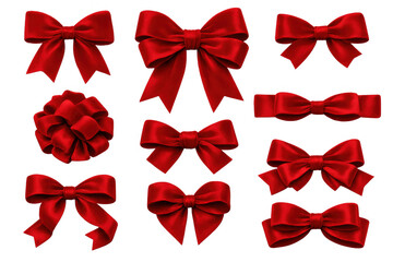 Set of red satin bows, ribbon knots, and decorative elements for gifts, celebrations, and special occasions, transparent background