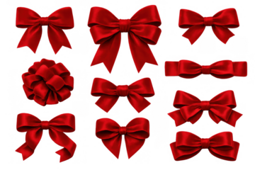 Set of red satin bows, ribbon knots, and decorative elements for gifts, celebrations, and special occasions, transparent background