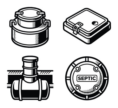 Detailed vector set of septic system components: tank, lid, pipe, and cover. Ideal for plumbing and construction designs.