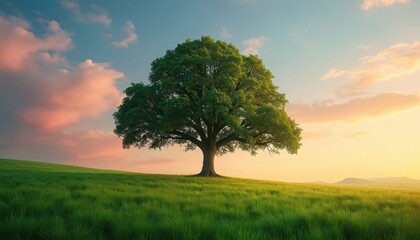 Large green oak tree stands alone in a vast grassy field. Colorful sunset sky with pink clouds and warm light paints the horizon. Peaceful natural landscape.