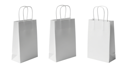 Three white paper bags with handles 3d transparent background cutout png