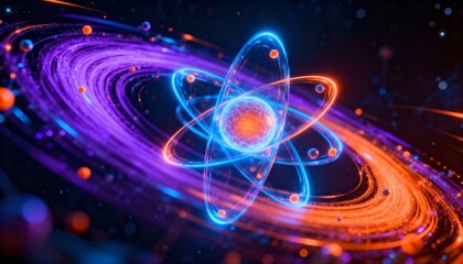 Vibrant Atom Structure with Neon Orbits and Particles in Cosmic Space