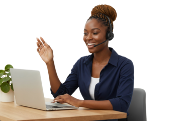Customer service agent assisting clients with laptop and headset