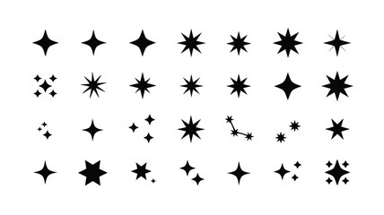 Collection of various black star shapes and sparkling elements on a white background