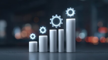 Business Progress and Growth Concept with Glowing Elements and Gear Symbols in a Modern Environment