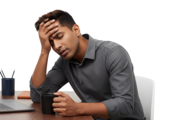 Stressed Indian businessman holding head, struggling with work