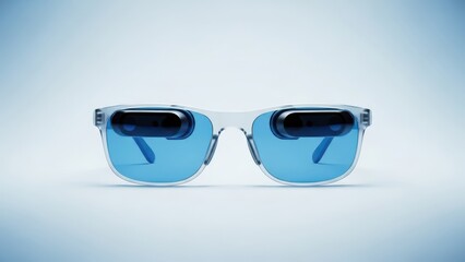 Fashionable blue tinted sunglasses with sleek design and reflective lenses.
