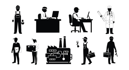 Diverse professions illustrated factory worker doctor chef and office staff silhouettes