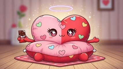 Cute cartoon couple hearts in love sitting together on a cozy bench with floating affection symbols and chocolate in a romantic setting