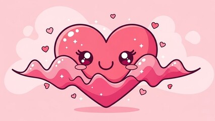 Cute animated red heart character with cheerful expression and sparkles in soft pastel gradient setting