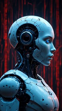 Multiple futuristic robot headshots with a digital red matrix background artificial intelligence