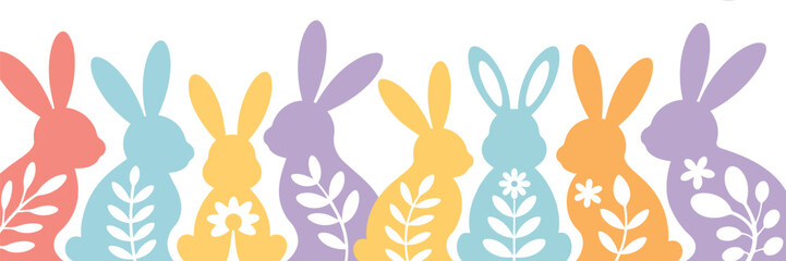 Obraz premium A colorful cheerful line of eight solid bunny silhouettes featuring delicate white floral patterns