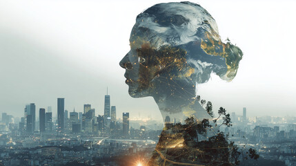 Double Exposure City Skyline And Global Tech Profile Illustrating Future Innovation And Connectivity