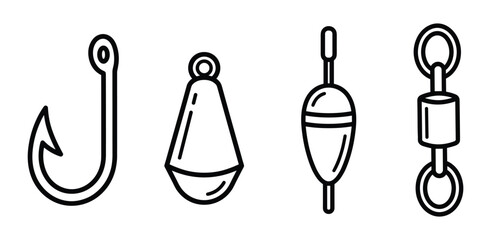 Fishing icons vector set. Collection of line art hook, sinker, bobber, and swivel for fishing.