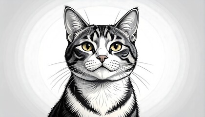 Close-up portrait of a striking tabby cat with intense yellow eyes.