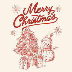 Hand Drawn Merry Christmas Greeting Card with Festive Winter Elements