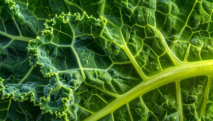 Close-up Macro Shot of a Vibrant Green Kale Leaf Veins and Texture.