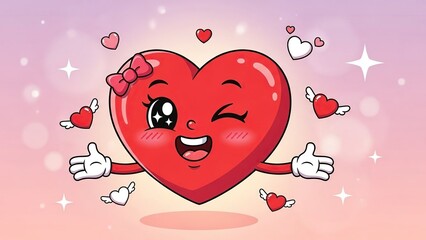 Joyful animated red heart character with bandage expressing happiness and love surrounded by floating hearts and sparkles