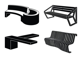 Four black vector art benches for parks or gardens with unique and creative contemporary designs.