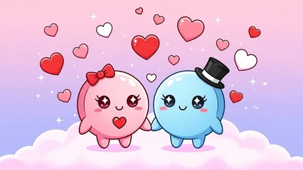 Cute animated pig couple in love with hearts and sparkles celebrating romance and affection in pastel colors