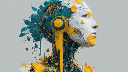 Futuristic Abstract Robot Portrait With Yellow And Blue Paint And Machinery Elements