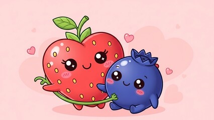 Cute animated apple and blueberry characters with smiling faces holding hands in a friendly embrace surrounded by hearts