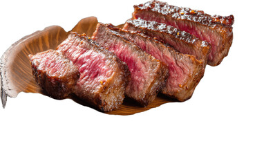Perfectly cooked rare steak, sliced, showcasing vibrant red interior and crust