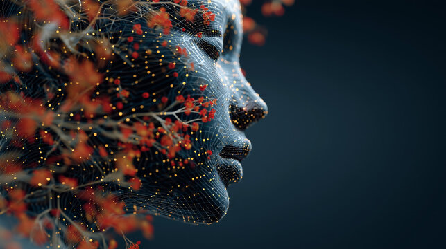 Abstract AI Face Portrait Shaped by Webs of Light, Nodes, and Autumn Red Berries - Powered by Adobe