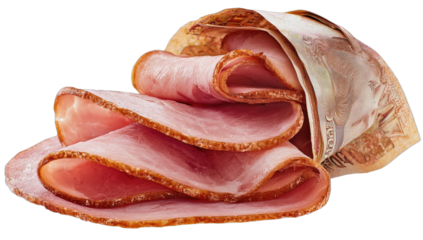 Thin slices of pink cured meat, rolled with a banknote