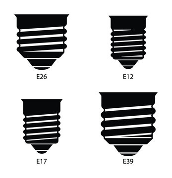 Set of light bulb base types showing E26, E12, E17 and E39 standard socket in black silhouette vector