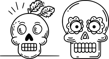 Obraz premium Set of two stylized line art skull illustrations, one featuring leaves and the other with traditional Mexican sugar skull floral patterns.