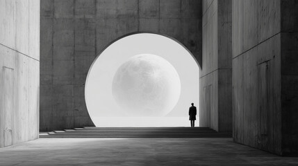 Silhouette of a Man Under a Circular Arch Gateway Framing a Large Moon in Surreal Architecture