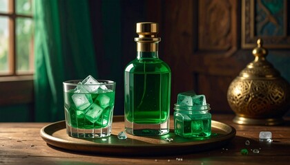 Green liqueur with ice in a glass on a wooden tray.