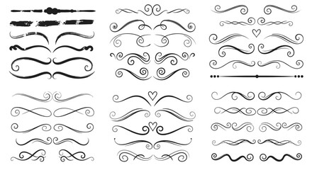 Comprehensive set of hand-drawn decorative dividers flourishes and page borders for elegant stationery and document layout.