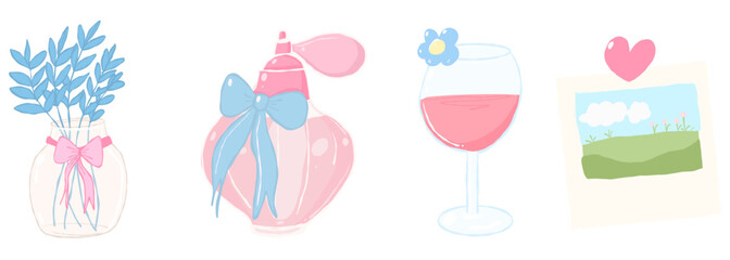 Delicate and enchanting illustrations, featuring a collection of flowers, perfume bottle, wine glass, and a heart shaped card  isolated transparent