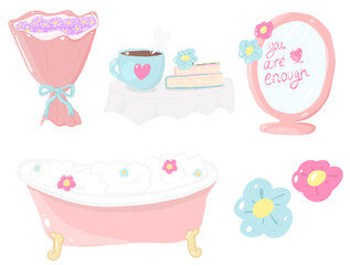 Self love and self care scene featuring a bouquet illustration , coffee cup, books, mirror, bathtub, and flowers. The elements evoke a sense of tranquility, relaxation isolated transparent