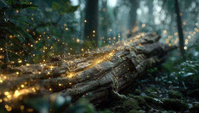 A fallen, mossy log in a misty forest, dusted with glowing particles