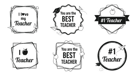 Set of black and white teacher appreciation labels and badges with apples and paper planes for school event invitations.