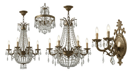 Ornate crystal chandeliers and sconce transparent background cutout png