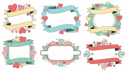 Valentine's Day frame collection with hearts and ribbons in pastel colors